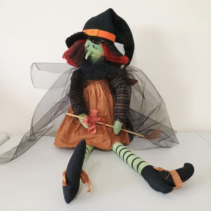 Vintage Halloween Green Witch Shelf Sitter 26" Weighted Bottom Broomstick
